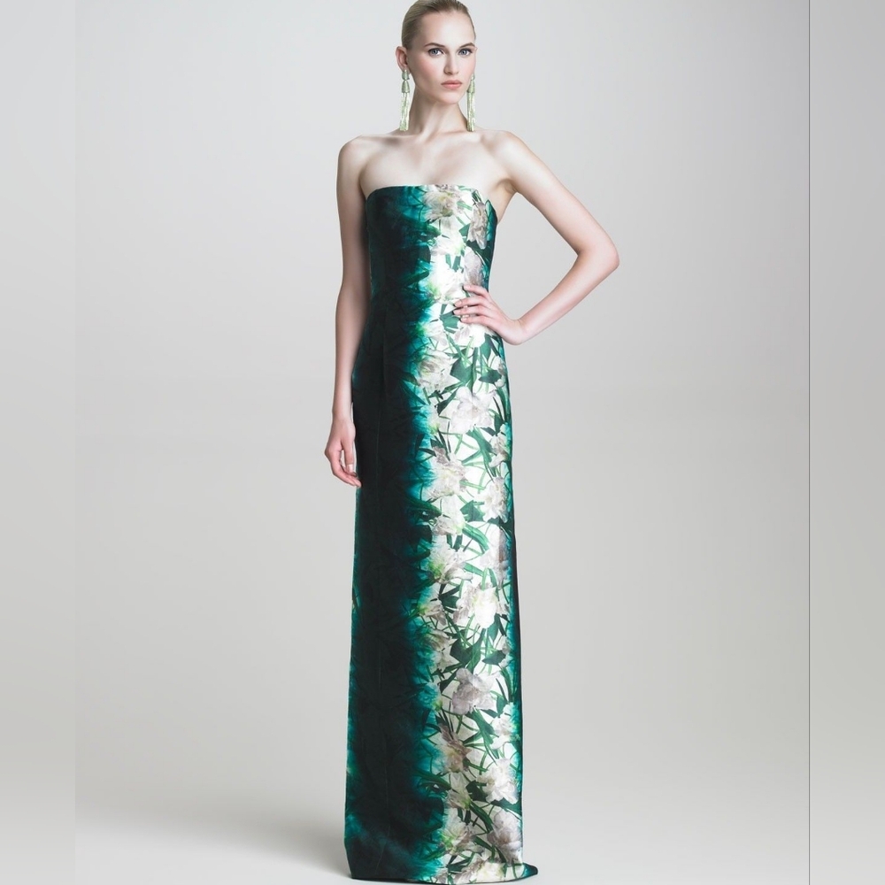 ○$4,800 OSCAR DE LA RENTA GREEN FLORAL SILK GOWN US 10 L - Picture 3 of 16